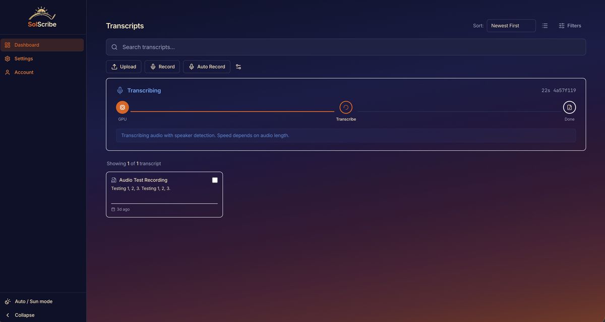 SolScribe transcription dashboard